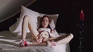 ULTRAFILMS Super hot redhead girl Sherice masturbating on her bed wearing fishnets