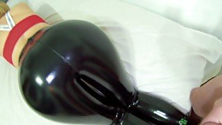 Hot Ass Blonde in Super Shiny Latex Leggings takes a Big Cum Load after POV quickie