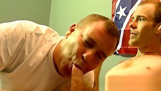 Skinny guy masturbates and receives blowjob from chubby dude