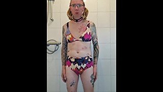 Sissy pisses in her bikini