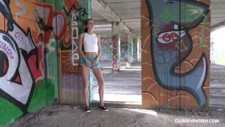 Sexy teen with tiny tits masturbates in public