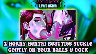 (LEWD ASMR AMBIENCE) 2 Horny Hentai Beauties Suckle Gently on Your Balls and Cock - Moaning Whimpers