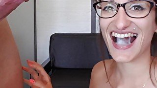 Horny brunette moaning and sucking my dick until she gets a cumshot