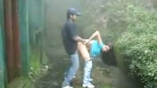 Nice blowjob outdoors by the dark haired young bitch