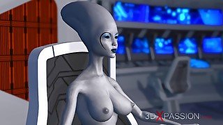 Sci-fi female alien plays with a black girl