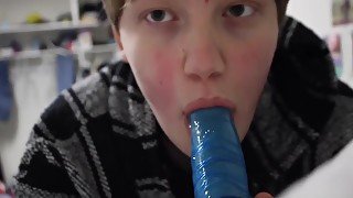 blushing trans guy sucks dildo then fucks himself