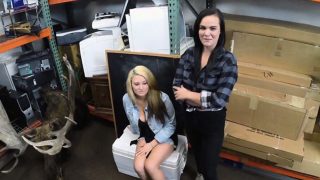 Horny lesbian couple share a dick in a pawnshop to earn cash