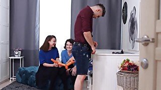 Filthy young chicks use roommate's dick to the fullest