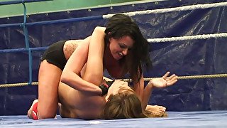 Two wild naked whore fight inside boxing ring