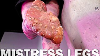 Squeezing meat burger by beautiful mistress legs in sheer pantyhose full clip