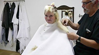 blonde girl barbershop haircut