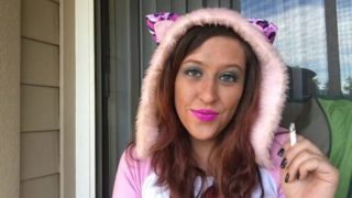 Cute Brunette In Furry Kitty Ear Hood Smoking White Filter 100 Cigarette