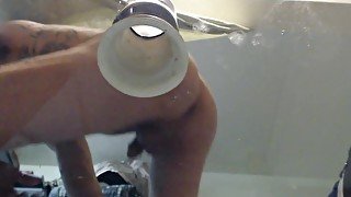 extreme Gaping w Tunnel on glass table w cam underneath. piss filled ass squirtin POV