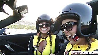 Sexy racer Dillion Harper and her GF fuck a horny mechanic