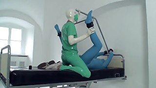 Sex With Blue Latex Doll Bound In Bed