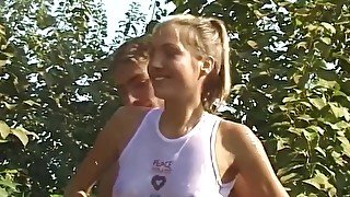 Pleasant stepsister is analyzed outdoors