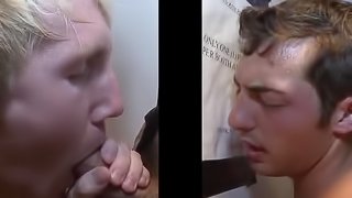 Angelic gay with short hair giving huge cock blowjob passionately