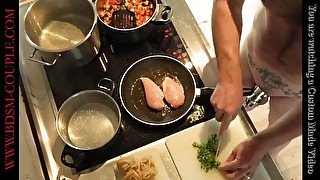 Miss M.'s REAL LIFE SLAVE does the COOKING - LOCKED to the STOVE - 24 minutes