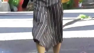 Three layers on her pussy while walking skirt sharking video