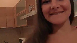 Lesbian hottie eats some pussy in the kitchen