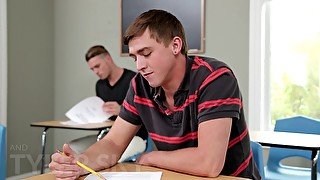 College gay guys cum on each other after writing an exam