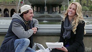 Young dude picks up sexy blond milf Jessica Drake in the park