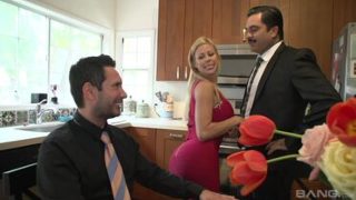 Alexis Fawx cums on her studs dick while another dude watches