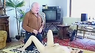 Slutty Brunette Teen Wanks and Sucks an Old Man's Cock