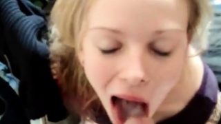 Shooting cum on the cute blonde's tongue and she swallows