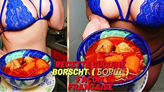 Chaudasse montre une recette d'un borsh, se fait plaisir avec vibro, suce la bite et avale le sperme