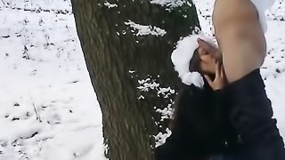 Winter blowjob by a brunette in white hat