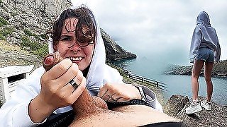 Public blowjob in nature in the mountains - couple real sex