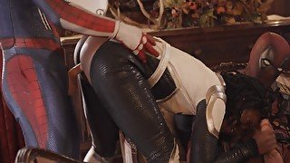 Black babe is fucked by two horny guys at the cosplay party