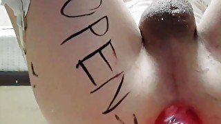 Slutty femboy in white stockings with body writing big dildo fuck ass and gape asshole