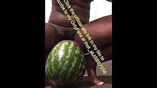 Hot ebony shoves a huge watermelon up her pussy until it completely fits in