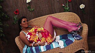 Latina MILF in fishnets Jaylene Rio pounded on the couch hardcore