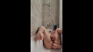 Cute boy sucks and fucks dildo in bathtub