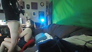 Front room fuck in front of the green screen with webcam