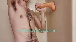 Getting covered in cum after playing with huge dildo and showing off my hairy armpits