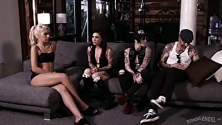 All tattooed extremely pale brunette punk slut Nikki Hearts rides fat cock