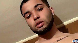 Good looking jock with tattoos strokes rock solid cock