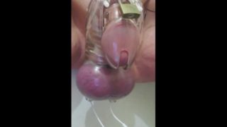 Chastity slave in bull bag gets electric torment