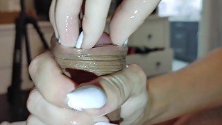 Extreme close up foreskin fingering nail play with huge cumshot