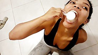 Stepdaughter drinking her protein post workout with piss straight in her mouth