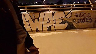 College guy on an overpass risky jerk off