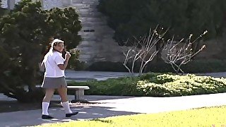 Pigtailed Brunette Coed On Her College Campus