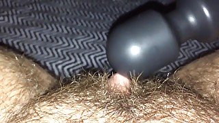 Close up of huge hairy ftm clit vibing & cumming