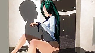 3D HENTAI girl with blue hair fucks in the washroom