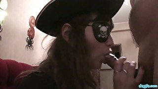 Sexy pirate Julia sucking massive cock deepthroat in POV clip