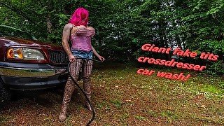 Gigantic fake tits crossdresser car wash